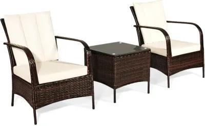 3 Pcs Patio Conversation Rattan Furniture Set with Glass Top Coffee Table and Cushions