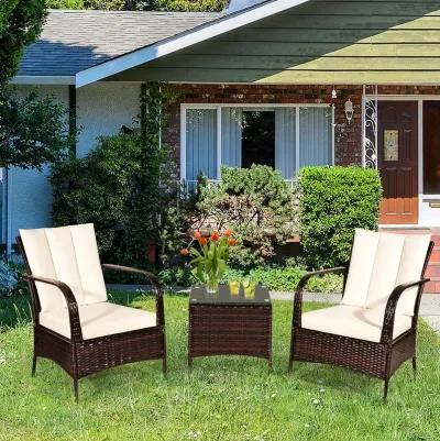 3 Pcs Patio Conversation Rattan Furniture Set with Glass Top Coffee Table and Cushions