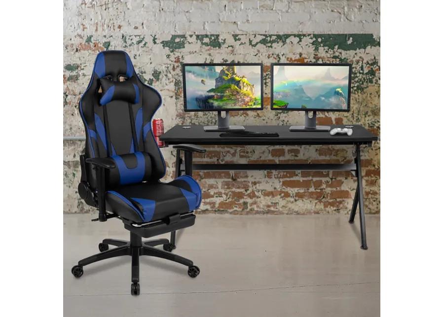 Flash Furniture Optis Gaming Desk and Blue Footrest Reclining Gaming Chair Set - Cup Holder/Headphone Hook/Removable Mouse Pad Top/Wire Management