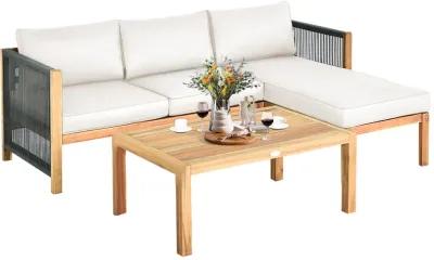 4 Pieces Acacia Wood Sofa Set with Cushions for Outdoor Patio-Grey