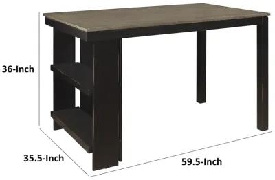 Tim 60 Inch Counter Height Table, 2 Built in Shelves, Gray, Black Wood - Benzara