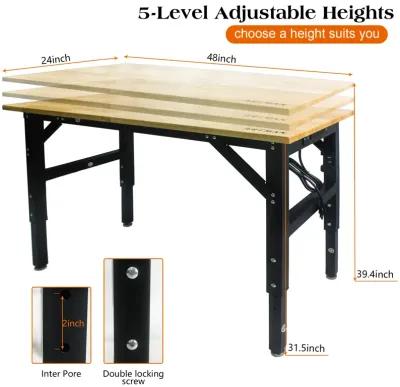 Metal Adjustable Worktable With Socket And Wooden Top