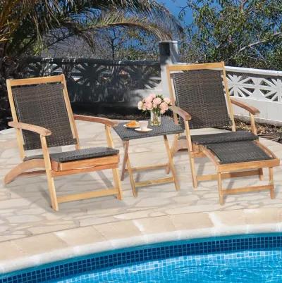 2 Pieces Patio Rattan Folding Lounge Chair with Acacia Wood Table