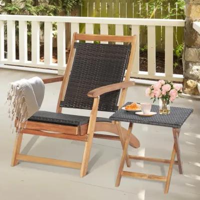 2 Pieces Patio Rattan Folding Lounge Chair with Acacia Wood Table