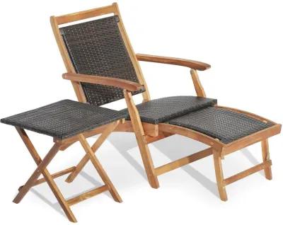 2 Pieces Patio Rattan Folding Lounge Chair with Acacia Wood Table