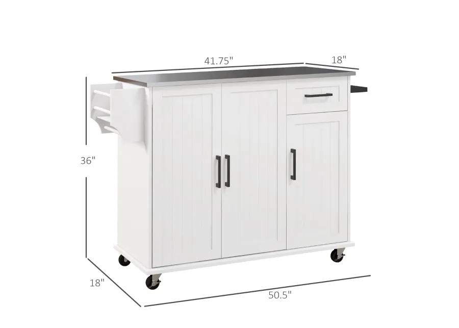 White Rolling Kitchen Island: Stainless Top, 3 Cabinets