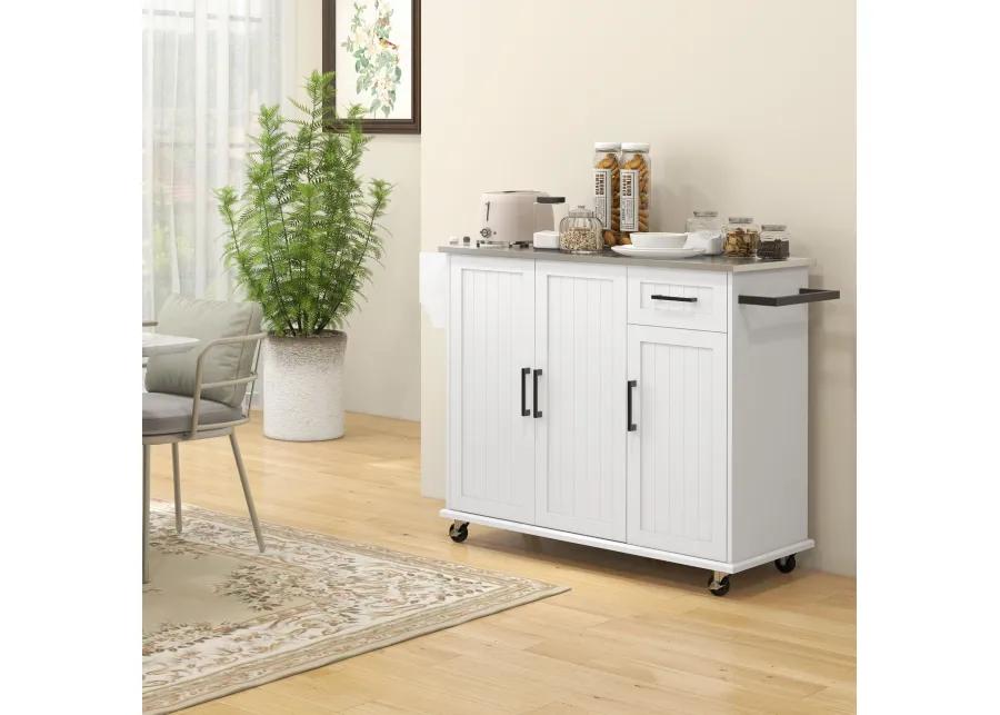 White Rolling Kitchen Island: Stainless Top, 3 Cabinets