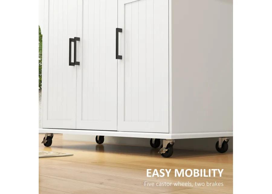 White Rolling Kitchen Island: Stainless Top, 3 Cabinets