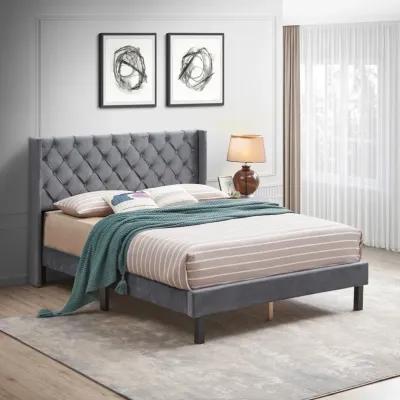 Velvet Button Tufted-Upholstered Bed With Wings Design, Strong Support, Easy Assembly