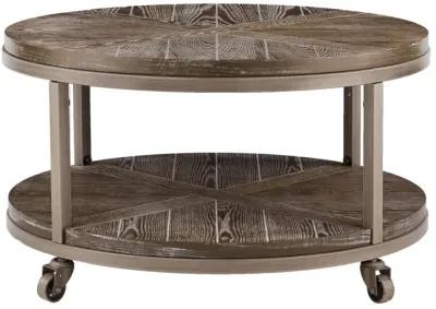 Homezia 32" Brown Rustic and Distressed Round Two Tier Rolling Coffee Table