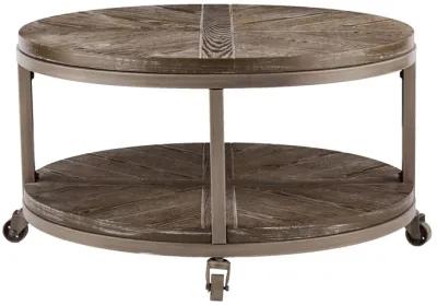 Homezia 32" Brown Rustic and Distressed Round Two Tier Rolling Coffee Table