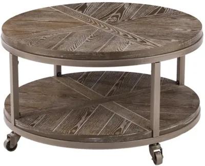 Homezia 32" Brown Rustic and Distressed Round Two Tier Rolling Coffee Table