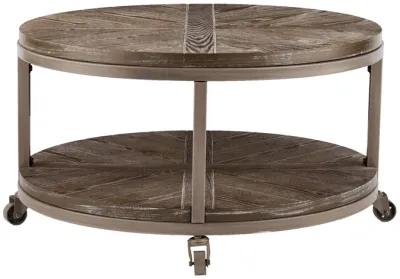 Homezia 32" Brown Rustic and Distressed Round Two Tier Rolling Coffee Table