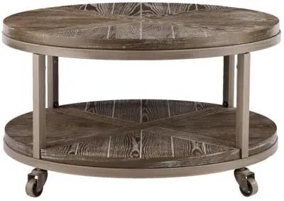 Homezia 32" Brown Rustic and Distressed Round Two Tier Rolling Coffee Table