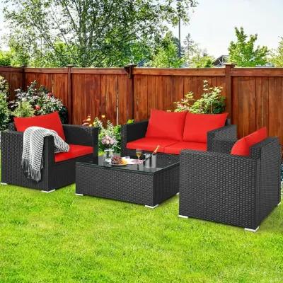 4 Pieces Patio Rattan Conversation Set with Padded Cushion and Tempered Glass Coffee Table