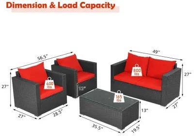 4 Pieces Patio Rattan Conversation Set with Padded Cushion and Tempered Glass Coffee Table