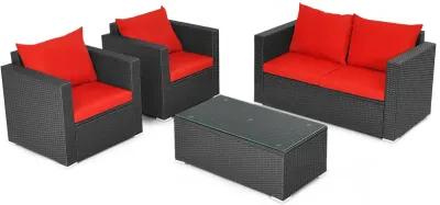 4 Pieces Patio Rattan Conversation Set with Padded Cushion and Tempered Glass Coffee Table