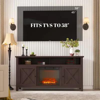 Mondawe 58.23-in W Brown TV Stand with Fan-forced Flat Wall Electric Fireplace with Remote Control Included