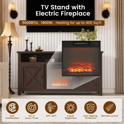 Mondawe 58.23-in W Brown TV Stand with Fan-forced Flat Wall Electric Fireplace with Remote Control Included