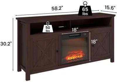 Mondawe 58.23-in W Brown TV Stand with Fan-forced Flat Wall Electric Fireplace with Remote Control Included