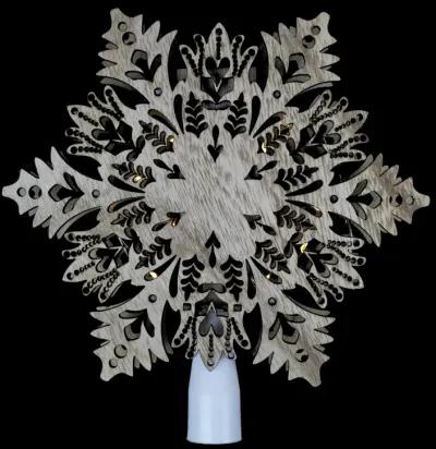 8.5" Lighted Brown Wooden Snowflake Christmas Tree Topper - Clear Lights