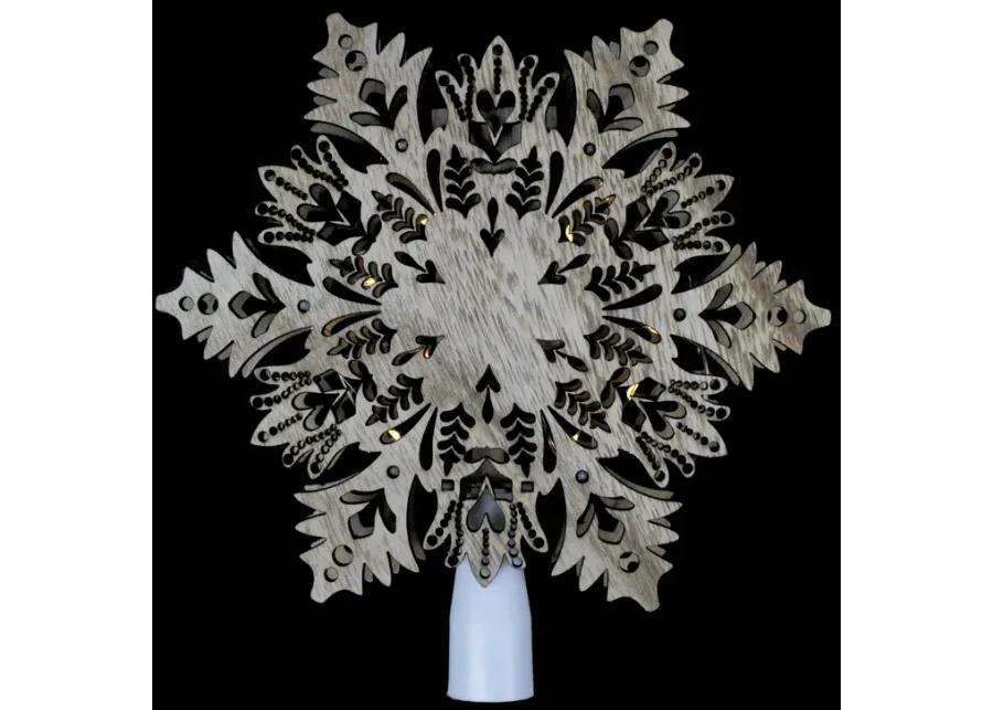 8.5" Lighted Brown Wooden Snowflake Christmas Tree Topper - Clear Lights