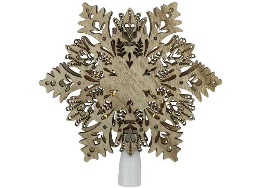 8.5" Lighted Brown Wooden Snowflake Christmas Tree Topper - Clear Lights