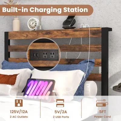 Bed Frame with Charging Station and Storage Headboard