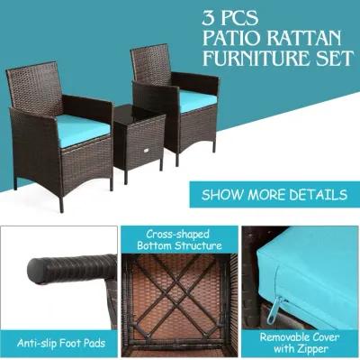 3 Pieces Patio Rattan Conversation Set with Glass Top Coffee Table and Cushions