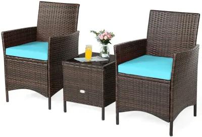 3 Pieces Patio Rattan Conversation Set with Glass Top Coffee Table and Cushions