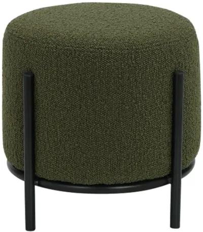 Aop 13 Inch Boucle Ottoman Stool, Round Cushioned Seat, Green Boucle, Black - Benzara