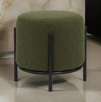 Aop 13 Inch Boucle Ottoman Stool, Round Cushioned Seat, Green Boucle, Black - Benzara