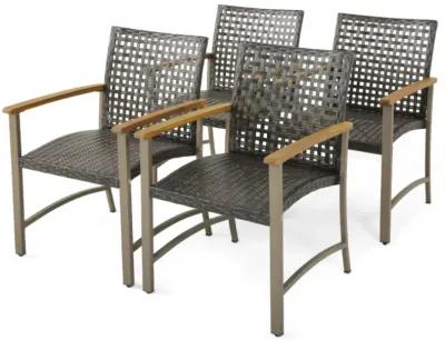 Hivvago Set of 4 Patio Rattan Dining Chairs with Acacia Wood Armrests-Set of 4