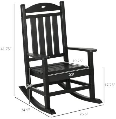 Black Outdoor Rocker: Wooden Chair with Rustic High Back & Armrests