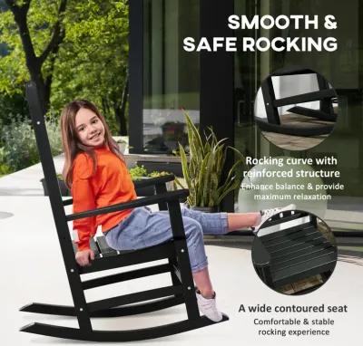 Black Outdoor Rocker: Wooden Chair with Rustic High Back & Armrests