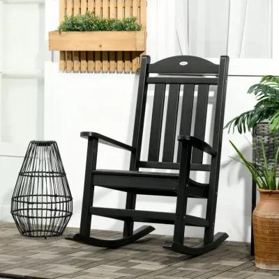 Black Outdoor Rocker: Wooden Chair with Rustic High Back & Armrests