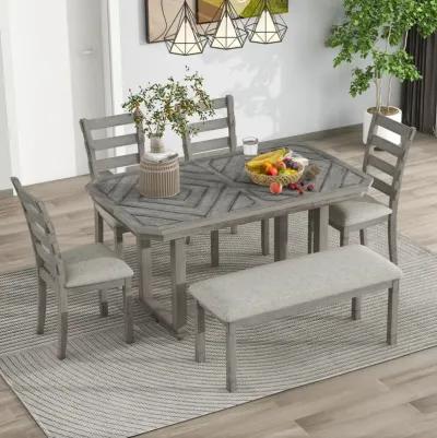 6-Piece Rubberwood Dining Table Set With Beautiful Wood Grain Pattern Table Top Solid Wood