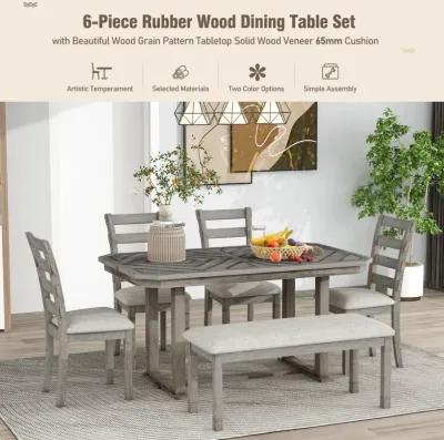 6-Piece Rubberwood Dining Table Set With Beautiful Wood Grain Pattern Table Top Solid Wood