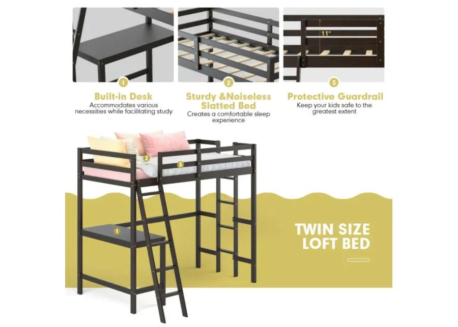 Twin Size Loft Bed Frame with Desk Angled and Built-in Ladder