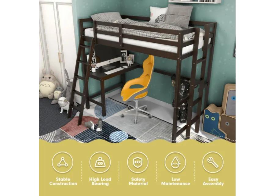 Twin Size Loft Bed Frame with Desk Angled and Built-in Ladder