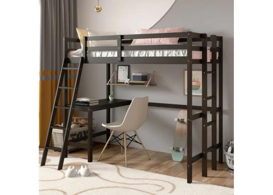 Twin Size Loft Bed Frame with Desk Angled and Built-in Ladder