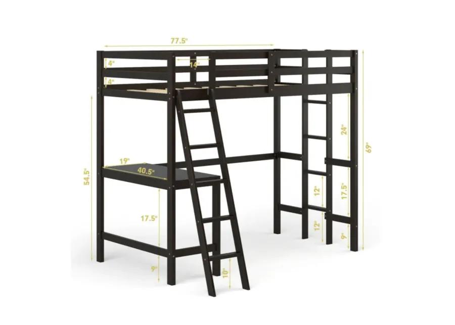 Twin Size Loft Bed Frame with Desk Angled and Built-in Ladder