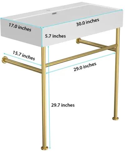 30" Bathroom Console Sink With Overflow, Ceramic Console Sink White Basin Gold Legs