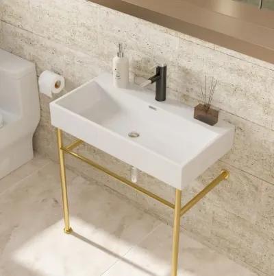 30" Bathroom Console Sink With Overflow, Ceramic Console Sink White Basin Gold Legs