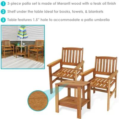 Sunnydaze Meranti Wood 3-Piece Patio Conversation Set with 2 Chairs