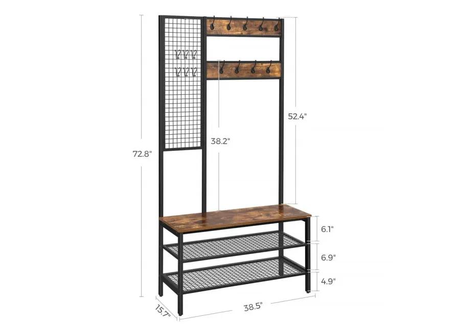 BreeBe Industrial Coat Rack Shoe Bench with Grid Wall