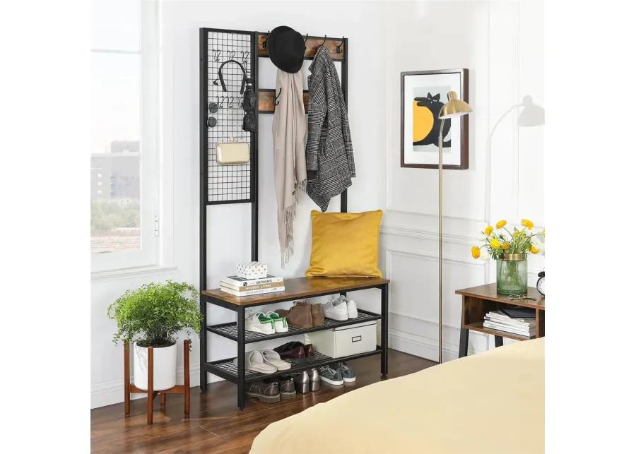 BreeBe Industrial Coat Rack Shoe Bench with Grid Wall