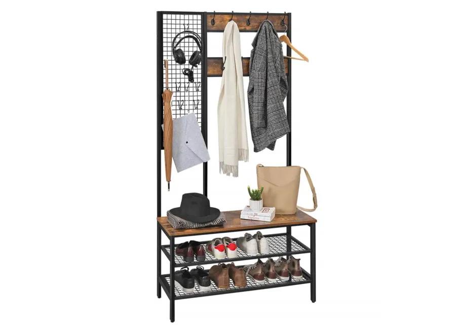 BreeBe Industrial Coat Rack Shoe Bench with Grid Wall