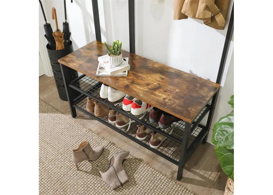 BreeBe Industrial Coat Rack Shoe Bench with Grid Wall