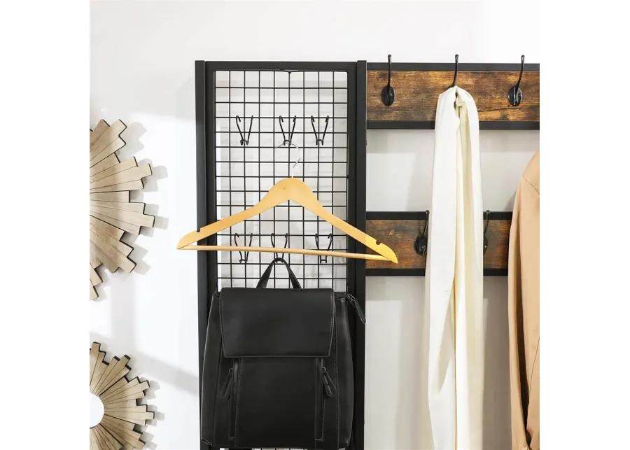 BreeBe Industrial Coat Rack Shoe Bench with Grid Wall